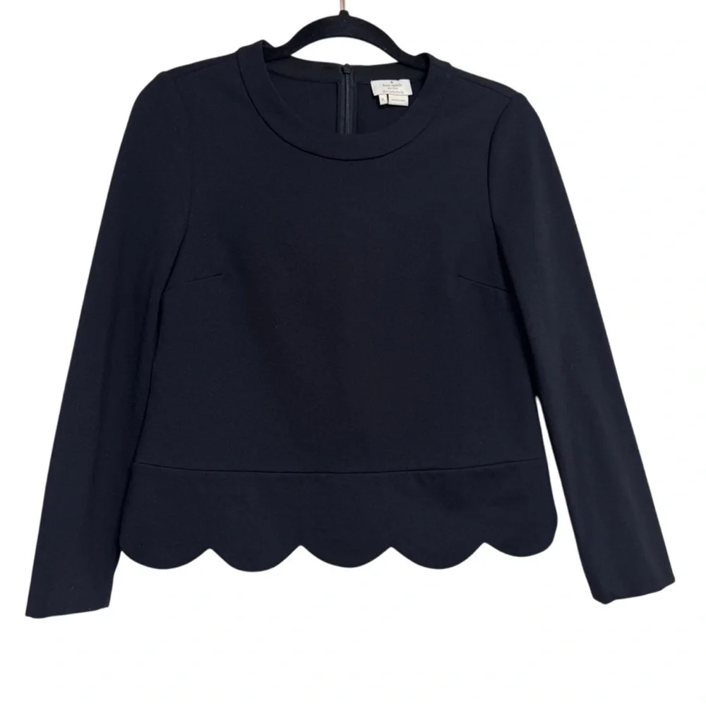Kate Spade Black Scallop Hem Long Sleeve Top
